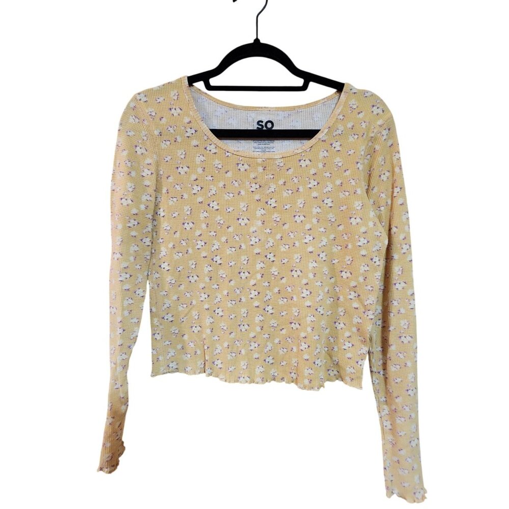 So Yellow Floral Long-Sleeve Ribbed Crop Top M